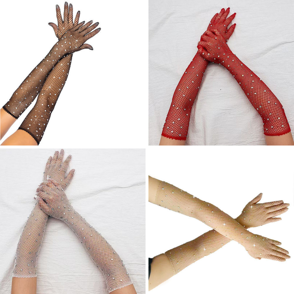 Găng bao tay dự tiệc, chụp ảnh chất lưới đính đá LẤP LÁNH bling bling 4 màu đen, đỏ, trắng, da  BT01