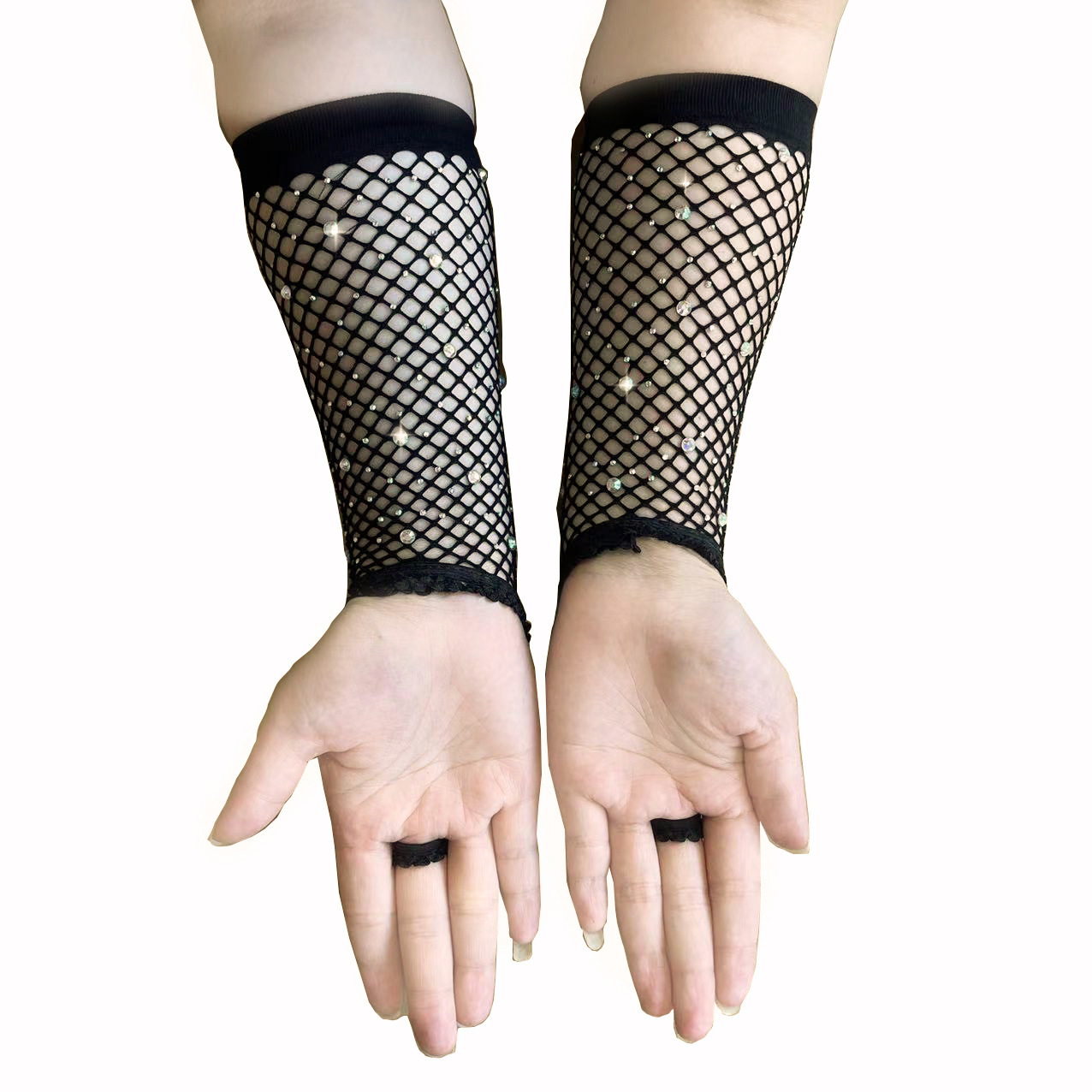 [ Găng] Bao tay lưới đính đá lấp lánh hở ngón tay màu đen BT03