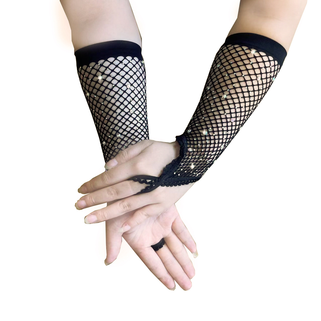 [ Găng] Bao tay lưới đính đá lấp lánh hở ngón tay màu đen BT03