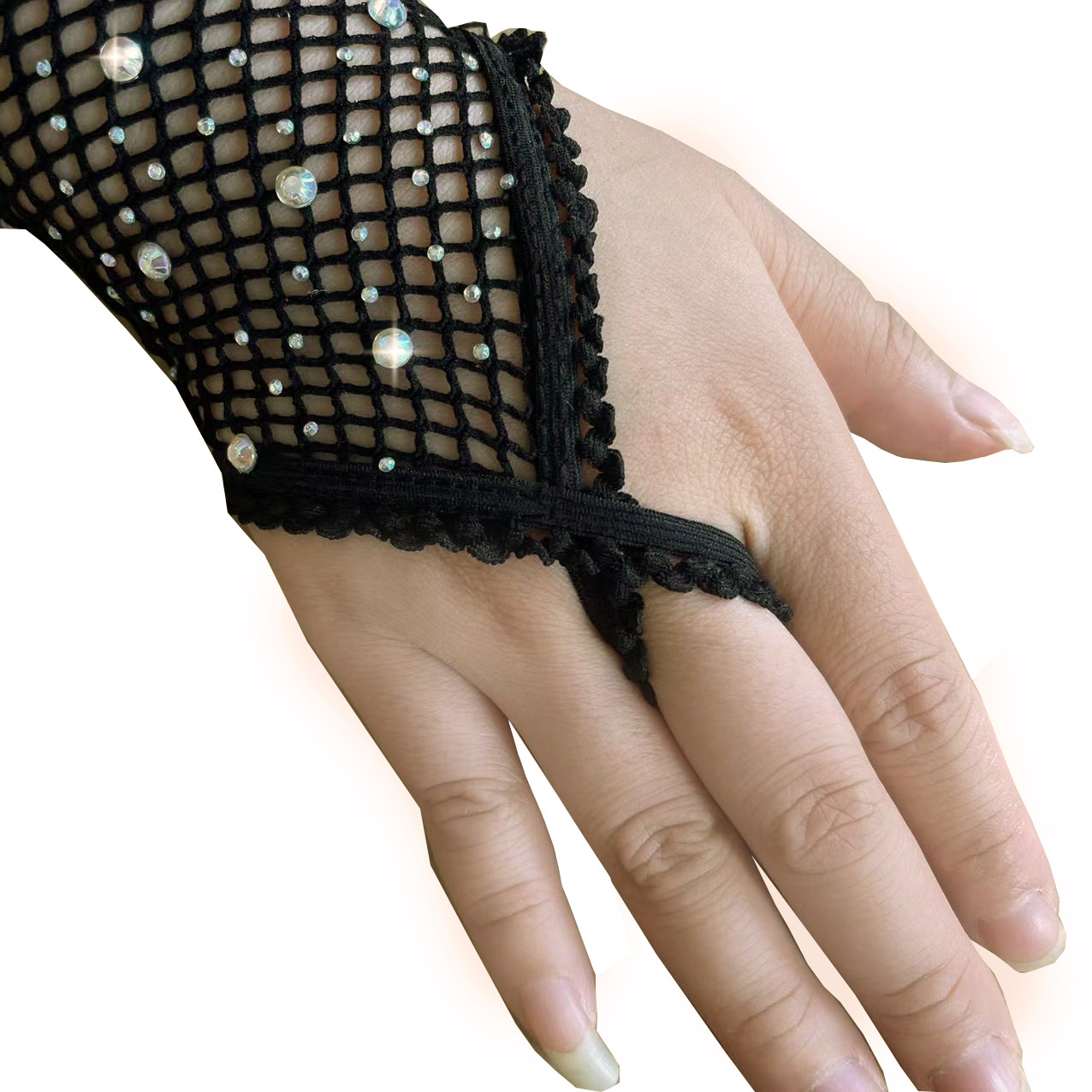 [ Găng] Bao tay lưới đính đá lấp lánh hở ngón tay màu đen BT03