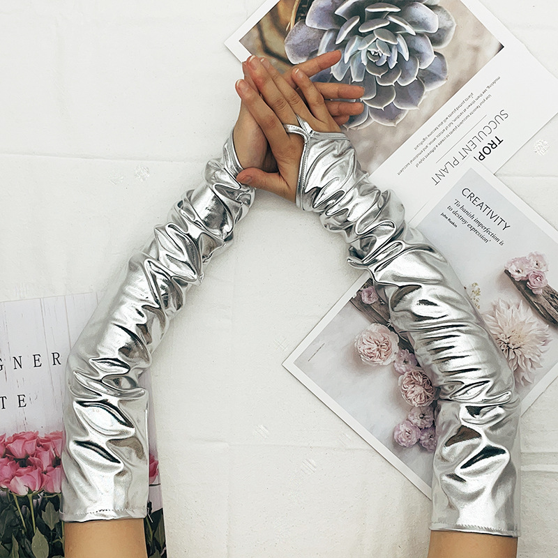 Găng bao tay da DÀI 53CM xỏ ngón màu neon NỔI BẬT hồng sen, xanh lá, xanh biển, đen, bạc, trắng, vàng đồng mang chụp ảnh, biểu diễn , dự tiệc BT12