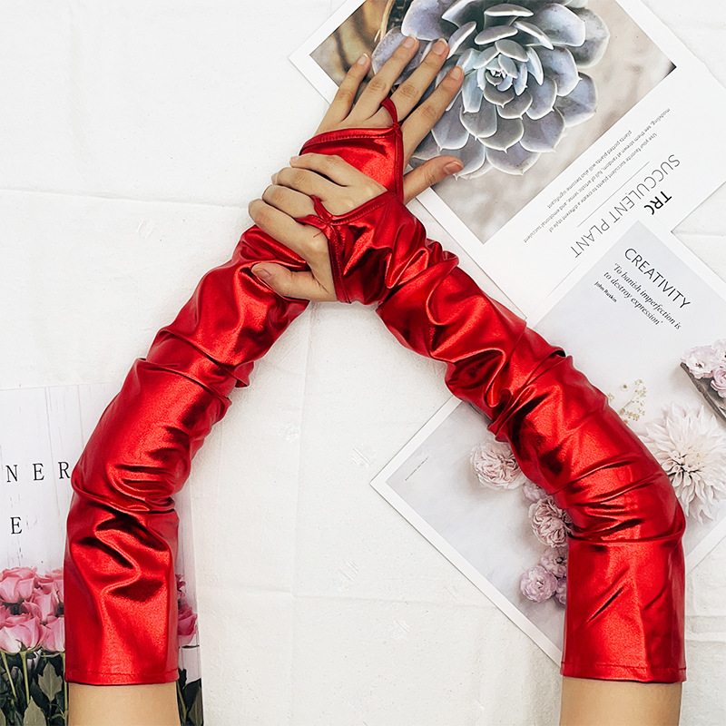 Găng bao tay da DÀI 53CM xỏ ngón màu neon NỔI BẬT hồng sen, xanh lá, xanh biển, đen, bạc, trắng, vàng đồng mang chụp ảnh, biểu diễn , dự tiệc BT12