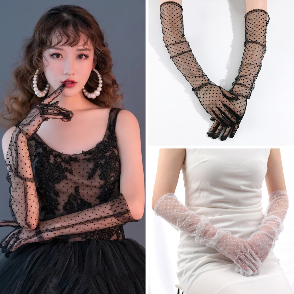 Găng tay lưới ren dài chấm bi 2 màu ĐEN/ TRẮNG dùng chụp ảnh, biểu diễn, cưới, sự kiện BT17