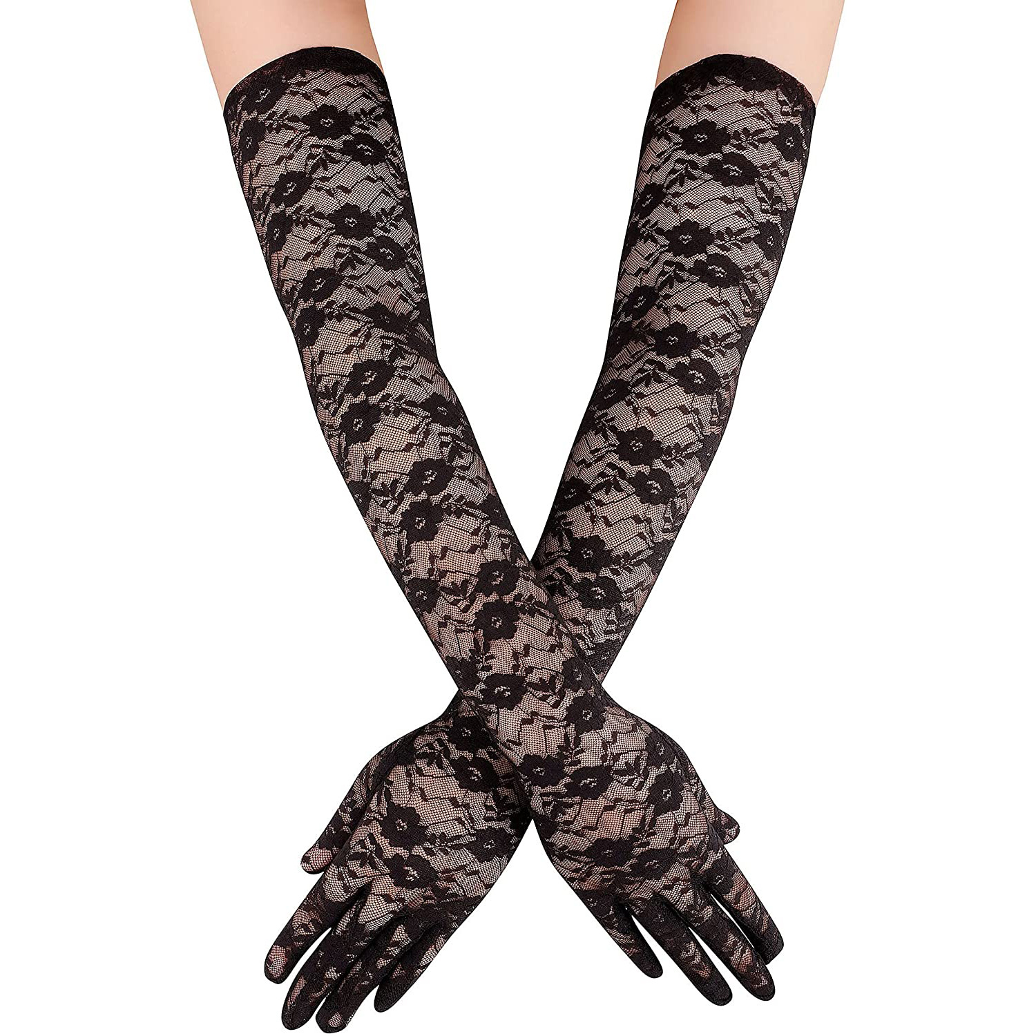 Găng tay nữ dáng dài chất liệu ren, trang trí hoa xinh xắn, đủ 2 màu đen, trắng BT20