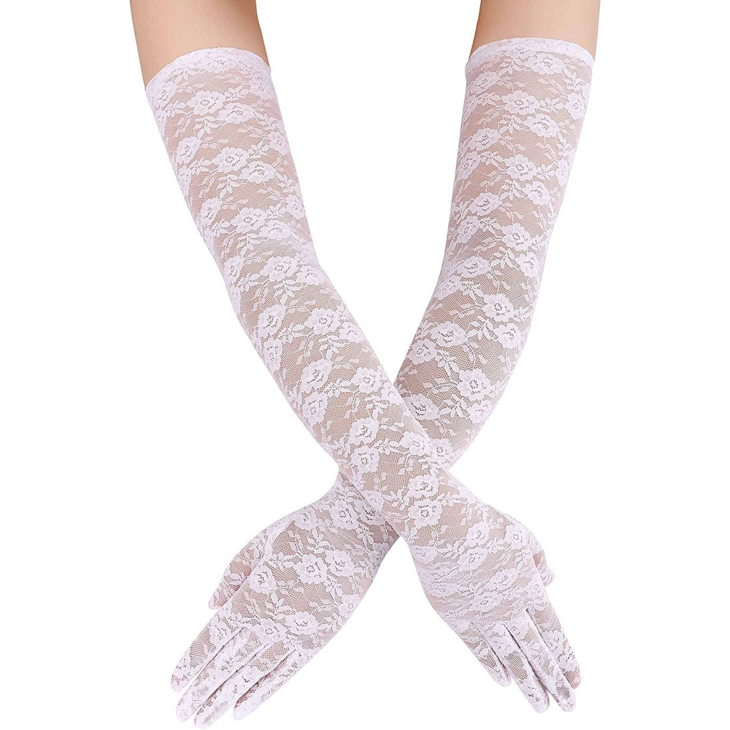 Găng tay nữ dáng dài chất liệu ren, trang trí hoa xinh xắn, đủ 2 màu đen, trắng BT20