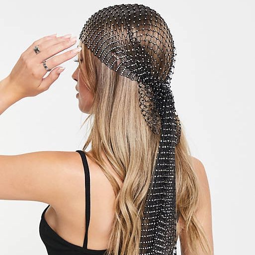 Khăn lưới đính đá trùm đầu làm phụ kiện màu đen, màu trắng