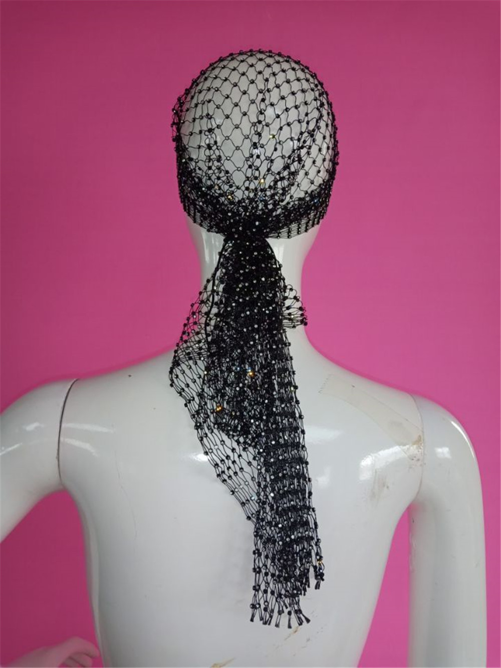 Khăn lưới đính đá trùm đầu làm phụ kiện màu đen, màu trắng