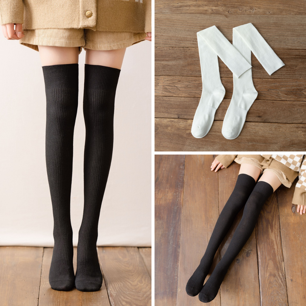 Tất vớ cổ cao ngang đùi 1 màu ĐƠN GIẢN đen/ trắng loại vừa KHÔNG TUỘT- THON CHÂN style Nhật Bản TAT63